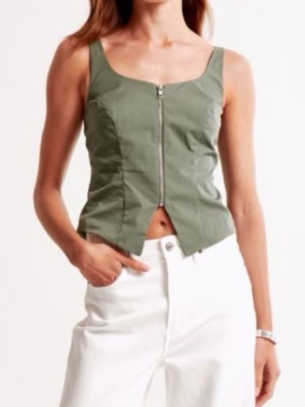New Abercrombie Zip Front Utility Square Neck Tank Top in army green medium